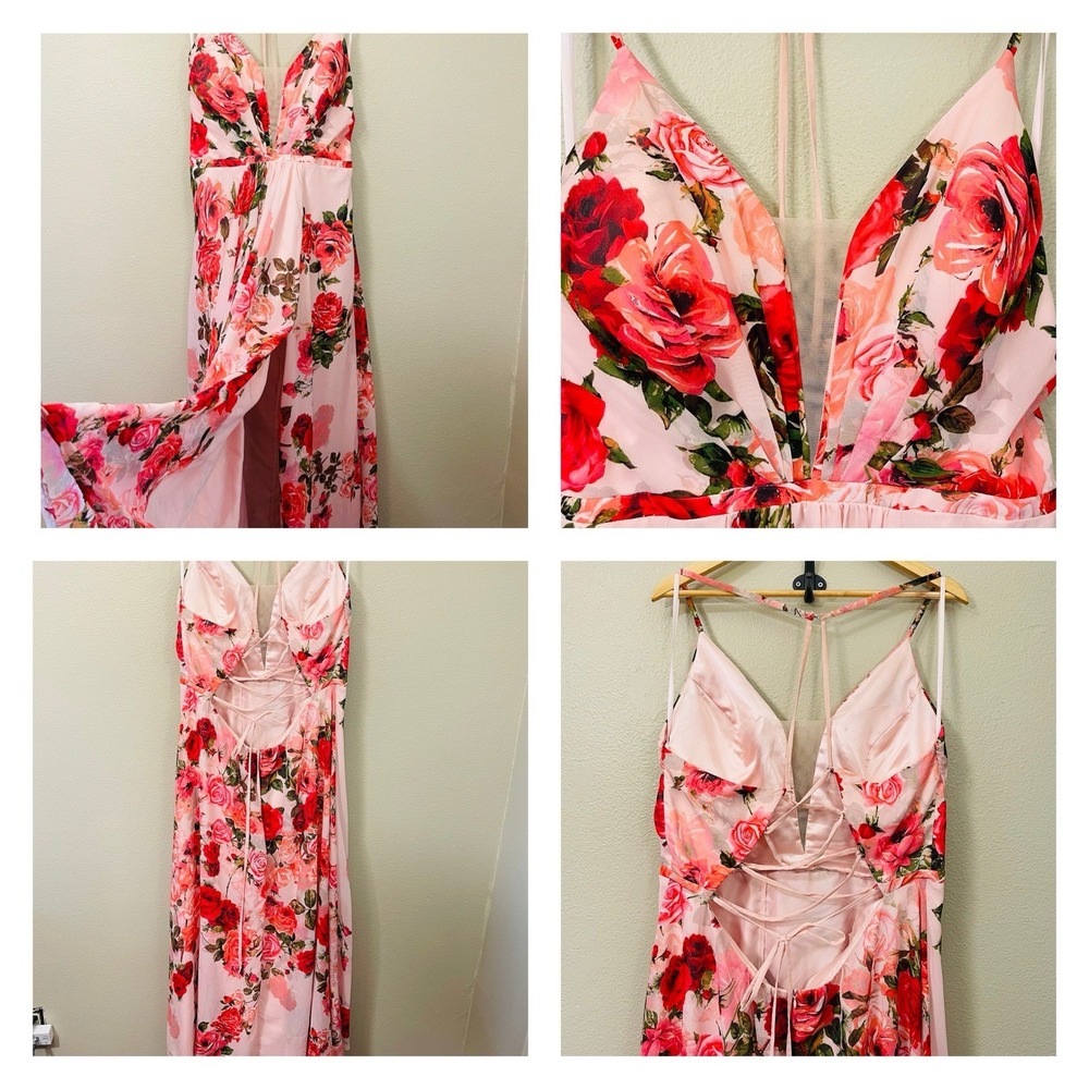 Cachet Romantic Floral Gown Dress Slit Corset Back Tie Pink Hoco Fairy Sz 18